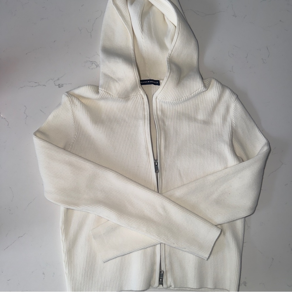 Brandy Melville Cream Ribbed Zip Up Sweater